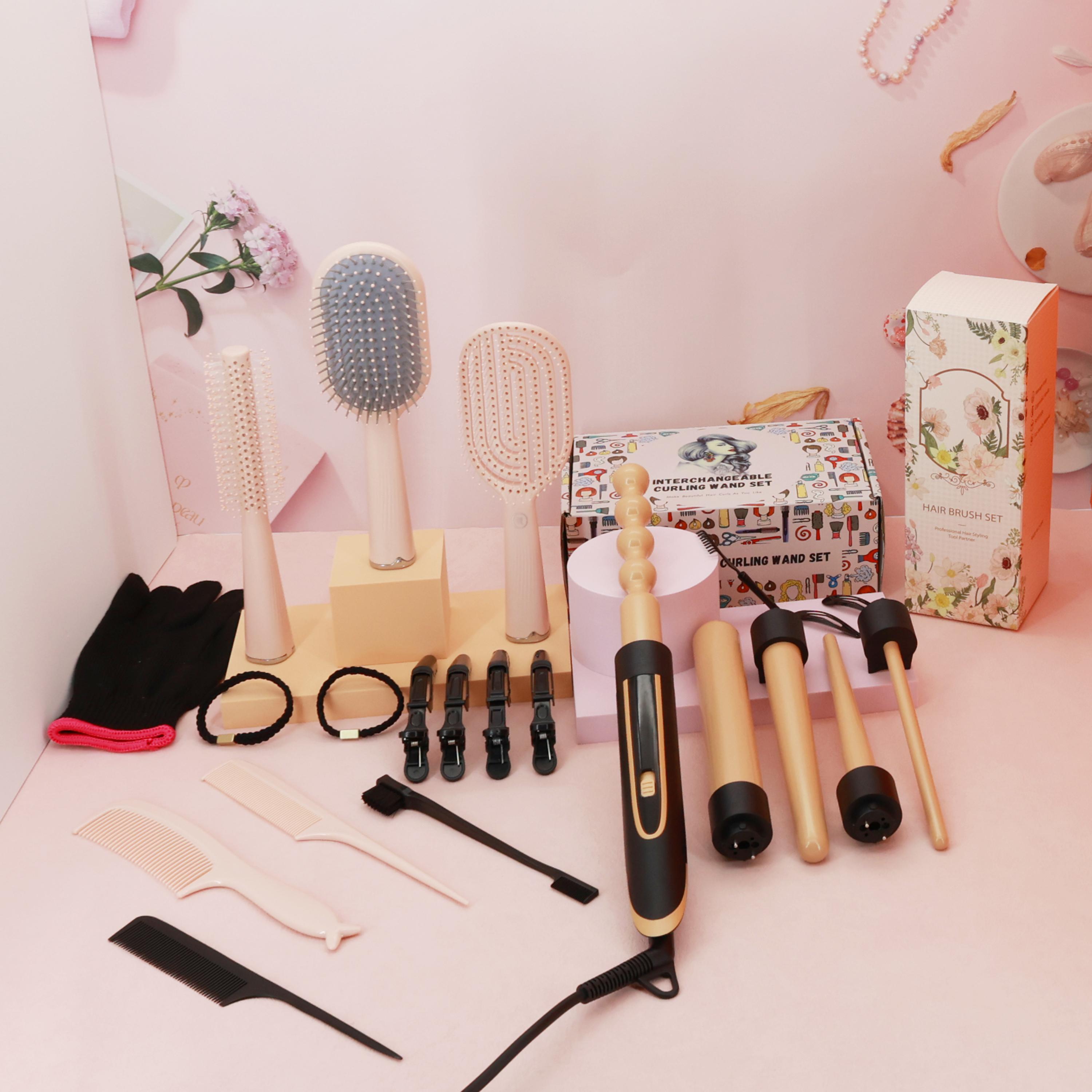 Wholesale Champagne Gold 5-in-1 Curling Iron & Brush Combo High Quality Hair Styling Tool for Home Travel Salon Use